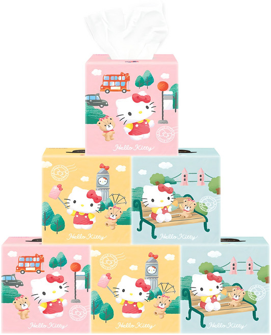 ITC 헬로키티 런던라이프 천연펄프 미용티슈 2겹 3종, 6개입, 1세트