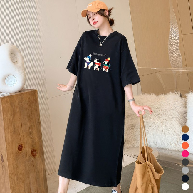 스타일아유 오버핏 강아지 프린트 원피스 사방스판 잠옷 수면 여자 부드러운 원단 홈웨어 파자마 파자마파티 빅사이즈 편한잠옷 OP2300