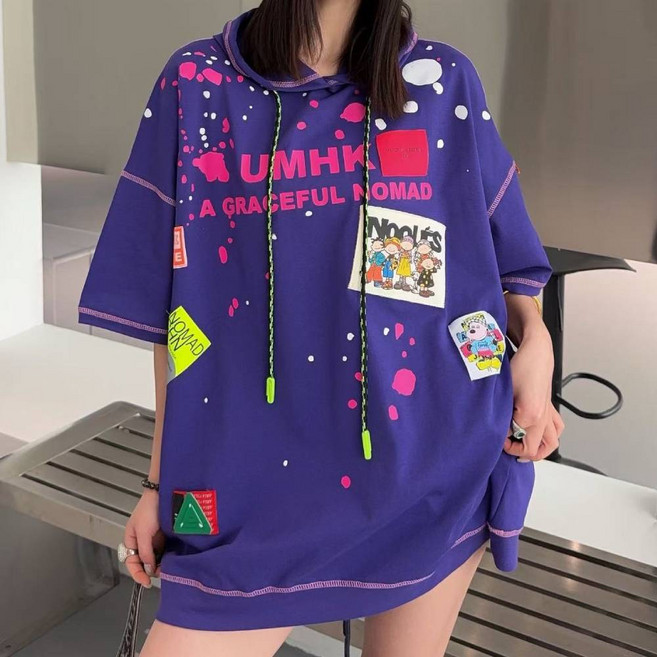 여성 오버핏 봉제 와펜 그래픽 후드 반팔 티셔츠 빅사이즈 스트릿 롱티