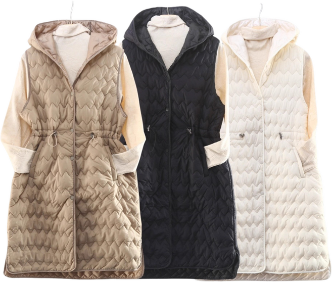 엘로닙 여성 간절기 경량 허리스트링 롱 패딩 조끼 후드 베스트