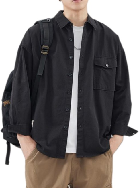 Makone 남성 순면 루즈핏 셔츠 캐주얼 워크셔츠 솔리드 심플 빈티지 긴팔 남방