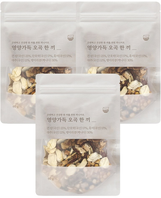 잇더밀 나물한끼 면역 밸런스를 채우는 웰빙 나물밥 재료 씻거나 불리지 않아도 되는 한끼 식사용 오곡 나물 믹스 파우치 ( 솥밥용 비빔밥용 건나물믹스), 3개, 영양가득오곡 60g