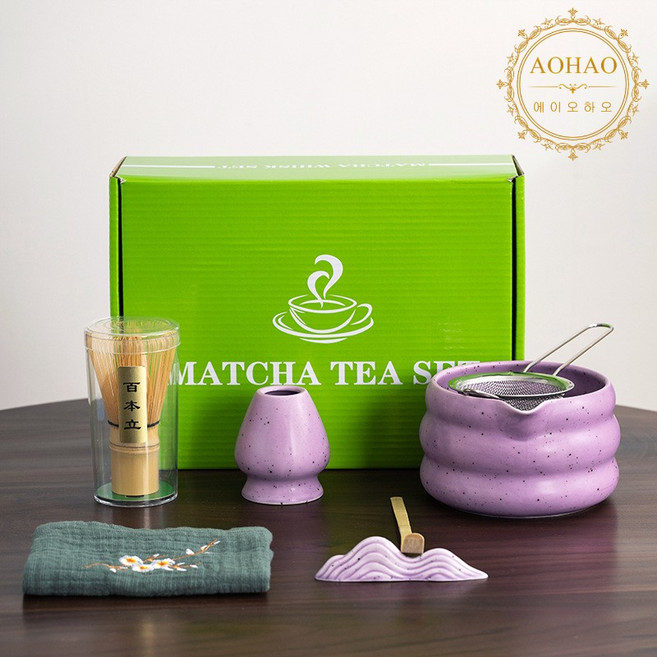 AOHAO 말차 도구 4/6/7PCS 세트 말차잔 차선 다선립 차시 필터 다건, 3세트, 퍼플7P