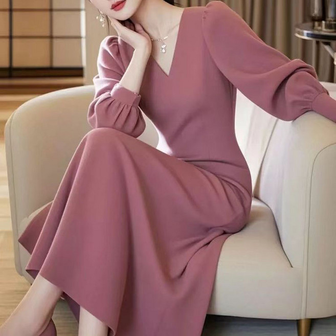 봄 가을 여성 긴팔 브이넥 원피스 하이웨이스트 치마 슬림핏 기질 브이넥 롱 원피스 WXY