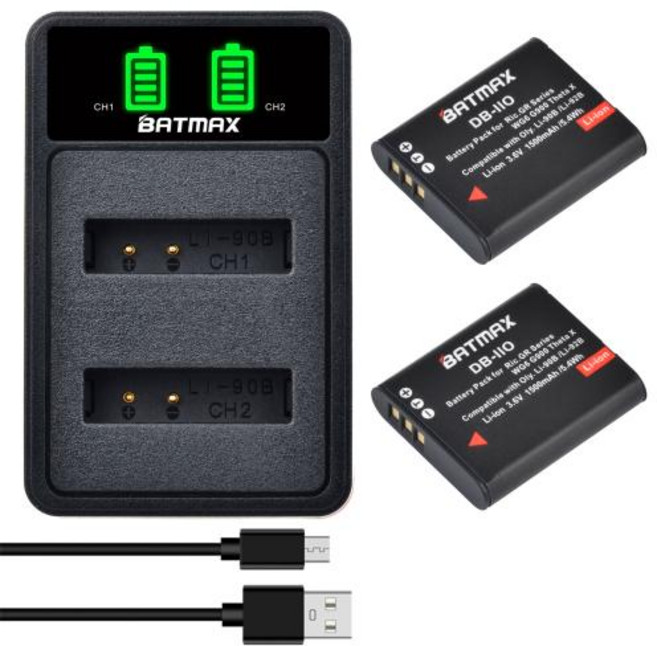 Batmax DB-110 1500mAh 배터리 Ricoh DB-110 GR 시리즈 Ricoh GR III GR IIIx Theta X WG-6 G900 카메라용 LED 듀얼 충전, 2 Battery 1 Charger, 1개