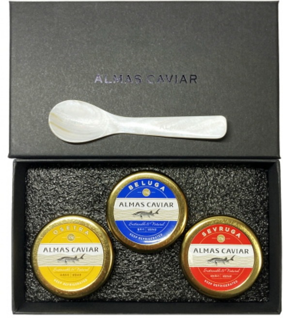 알마스캐비아 벨루가 오세트라 세브루가 캐비어 철갑상어알 3종 세트 15gX3개(캐비어 자개스푼 포함), 1세트