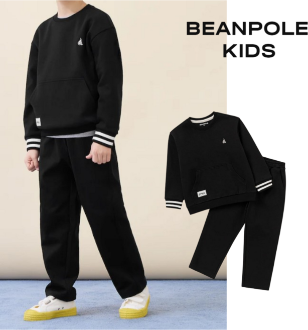 [국내매장판] 빈폴 키즈 간절기 남아 여아 데일리룩 스웨트 셔츠 상의+하의 세트 블랙(BK)