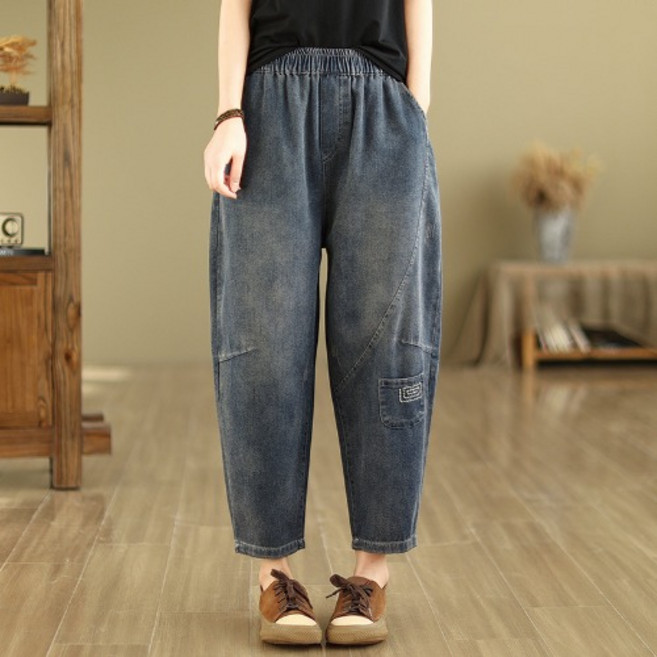 여성용 데일리 빅사이즈 허리밴딩 와이드 포켓 청바지 캐주얼 9부 데님 배기팬츠
