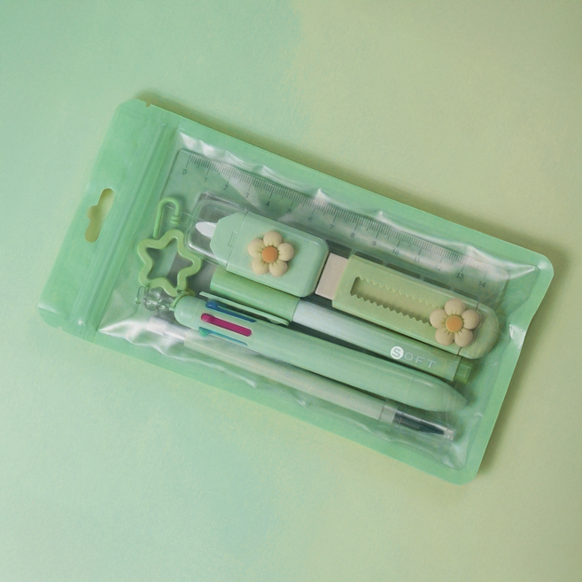 구디백 답례품 유치원 초등 어린이 생일선물 7종 학용품 문구 세트, 그린, 1세트