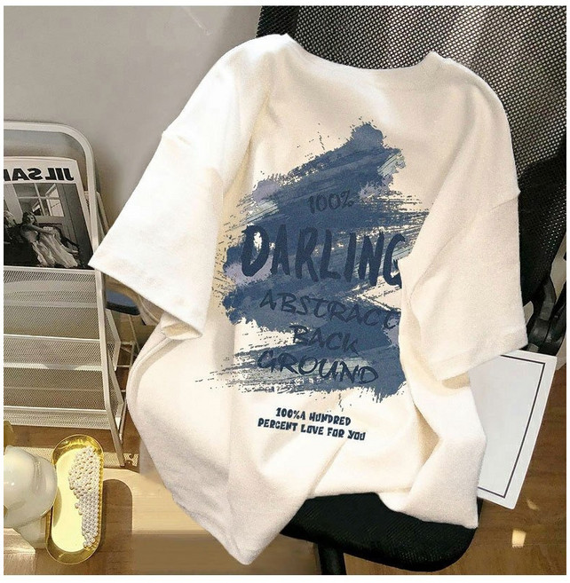 純棉復古字母印花短袖T恤 寬鬆大尺碼女裝