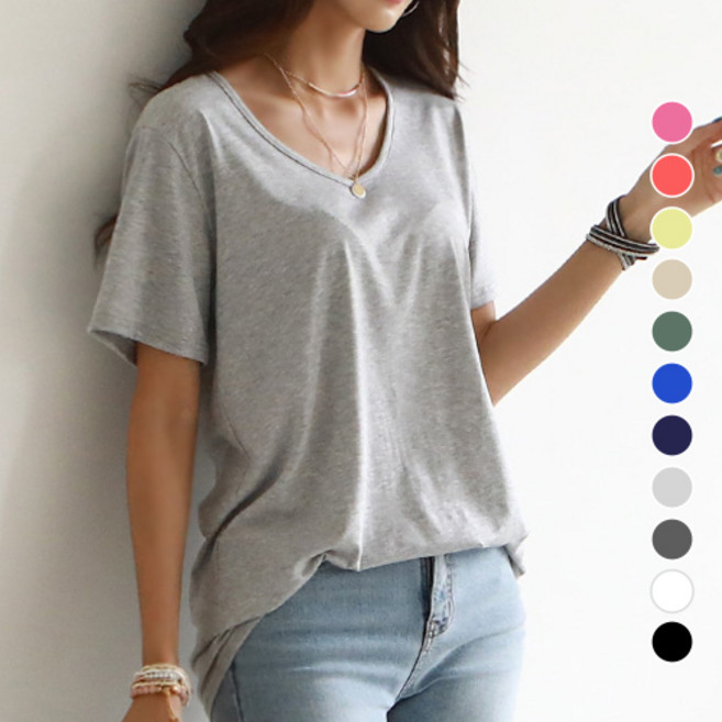 [나크21] (55~120) 여성 빅사이즈 심플 베이직 반팔 스판 이너티 V넥티 KOA-T-18