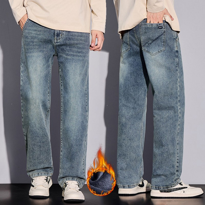 wassup 남자 기모 청바지 일자핏 남성 스판 청바지 겨울 와이드 기모바지