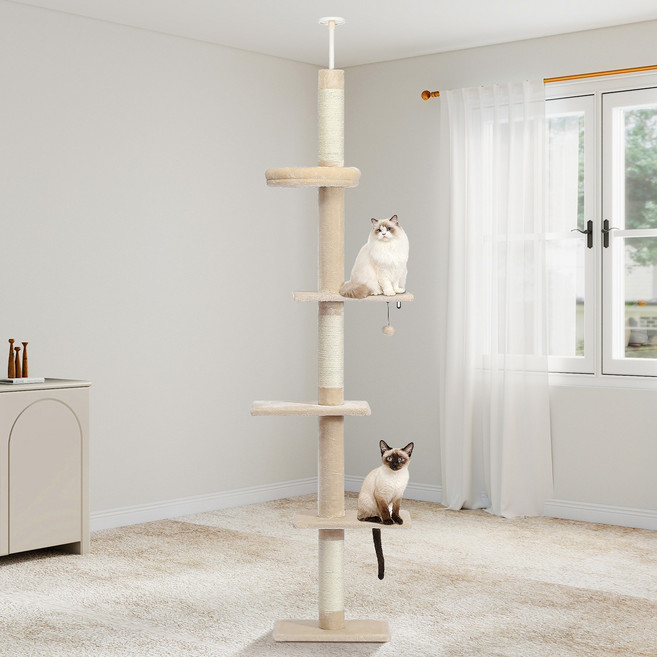 PAWZ Road 5단 대형 플러시 패브릭 심플 캣폴 천장 고정형 높이 조절 캣타워 238CM-275CM, 1개, 베이지