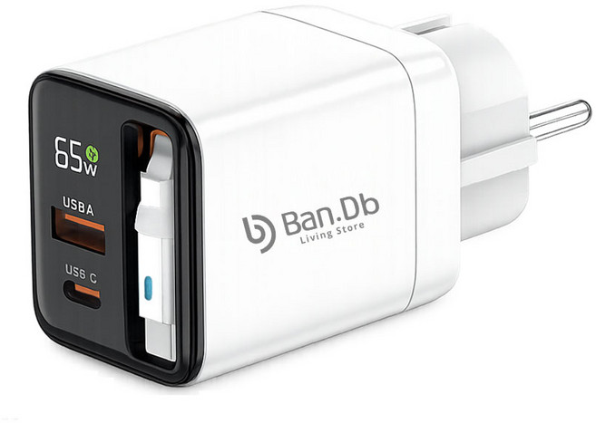 반디비 65W 릴케이블 충전기 GaN PD 접지형 멀티 2포트 초고속 충전 어댑터, 1개, 화이트