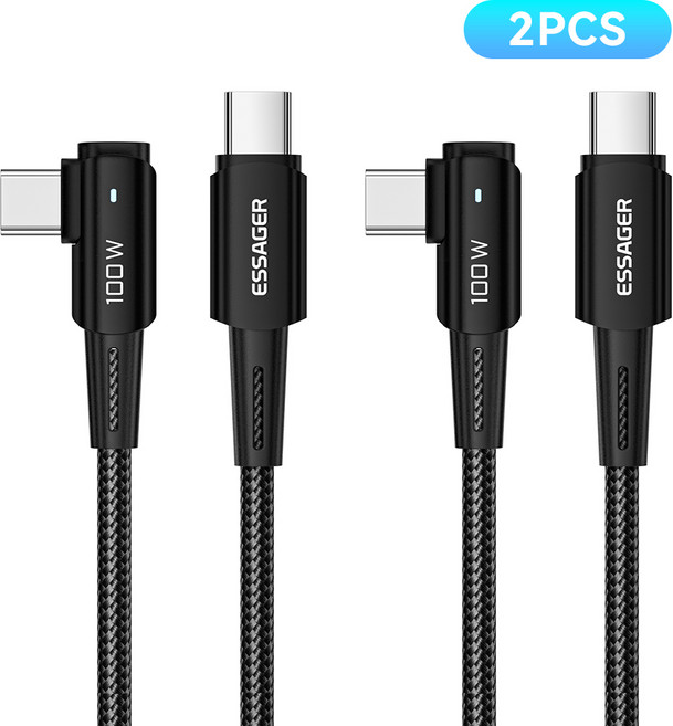 Essager 90도 L자형 PD 100W C타입 고속 충전 케이블 2개입 삼성 호환, 블랙, 2개, 1m