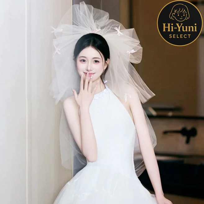 하이유니 [인생샷템] 핑크리본포인트 블로썸 레이어드 면사포 셀프 웨딩 스냅 면사포 베일, 1개, 단색