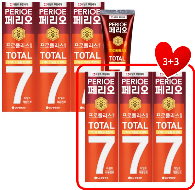 [치과전문의 추천1위 프로폴리스치약]입냄새 미백 잇몸 시린이 충치 풀케어 "페리오토탈7프로마일드치약 5+1(이벤트)"총 120G x 6P + 무료배송], 6개