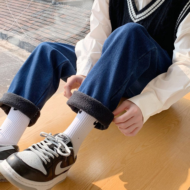 COSYEVNO 하이웨스트 일자 기모 청바지 여성 가을 겨울 루즈핏 청바지