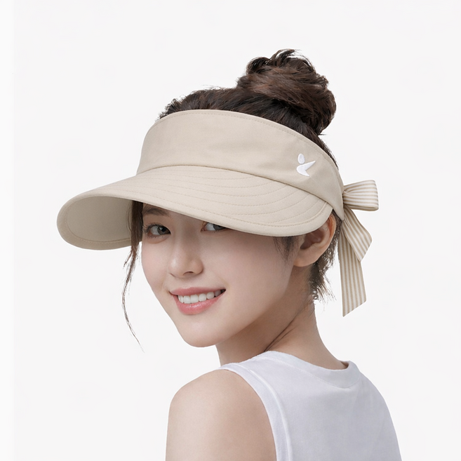 지아이골프 UV 차단 가벼운 나일론 리본 패션 2WAY 탈부착 여름 골프 모자 여성, 베이지, 1개