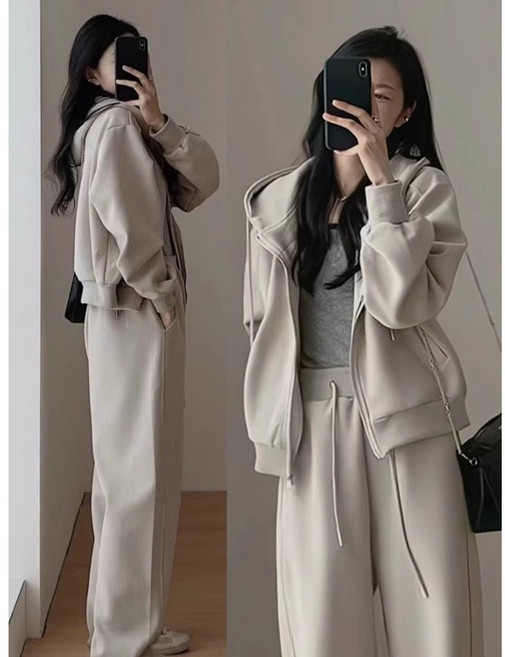 싱싱덴덩 트레이닝 세트 여성 후드 기모 트레이닝복 세트 후드티+와이드팬츠 조깅복 투피스