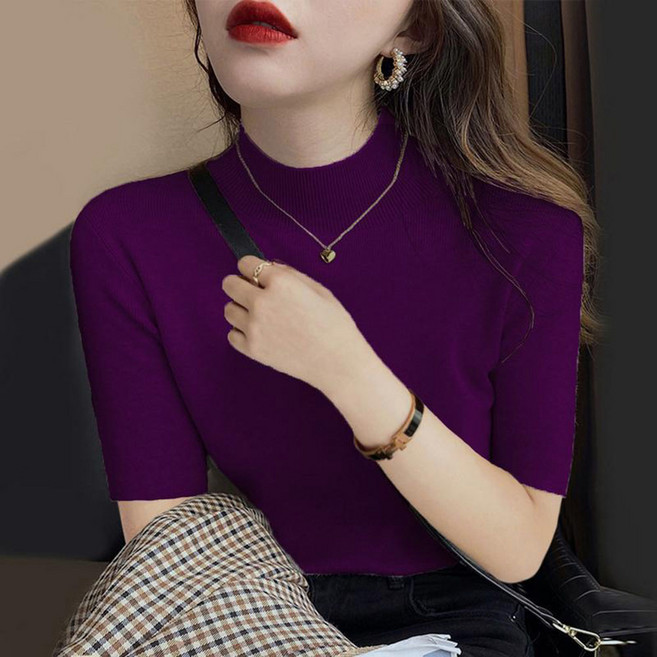 ROYALBELLE 여성 반팔 반폴라 스웨터 슬림핏 캐주얼 데일리 얇은 5부소매 니트 V082220