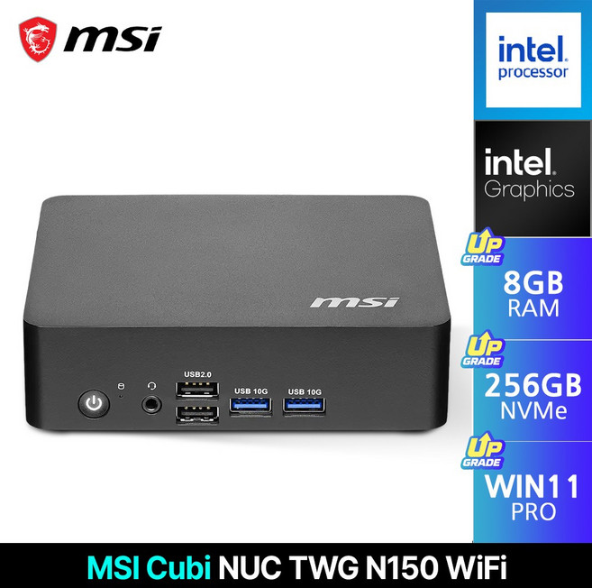 MSI Cubi NUC TWG N150 WiFi 미니PC 인텔 N150 초소형 데스크탑 사무용 가정용 컴퓨터, WIN11 Pro, 256GB, 8GB, 블랙