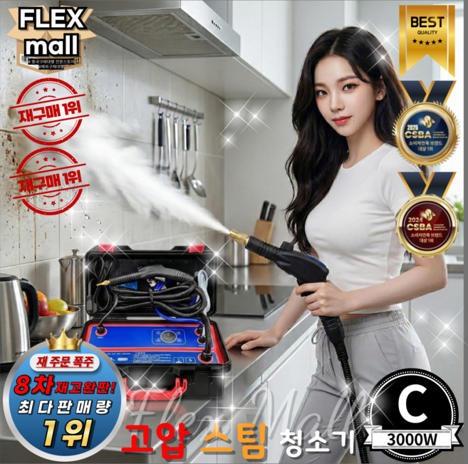 플렉스몰 핸드 스팀 청소기 핸디 고압 스팀기 세차기 분사 세척기 살균기, C, 3000W, 고출력 스팀청소기