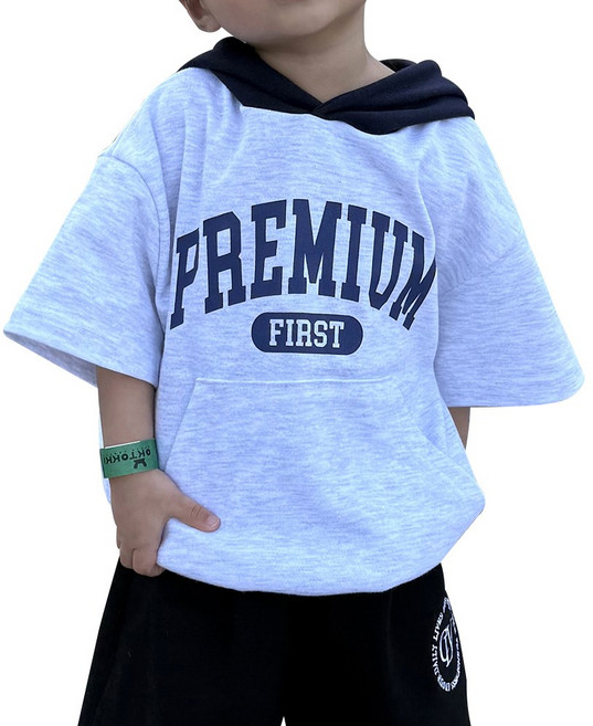 [5호 7호 9호 11호] 클로빈 키즈 레터링 후드 반팔티 남아 여아 옷 봄 여름 오버핏 반팔 티셔츠 등원복