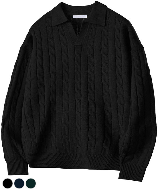 팀스핏 남성용 워셔블 빅사이즈 오버핏 꽈배기 카라 니트 티셔츠