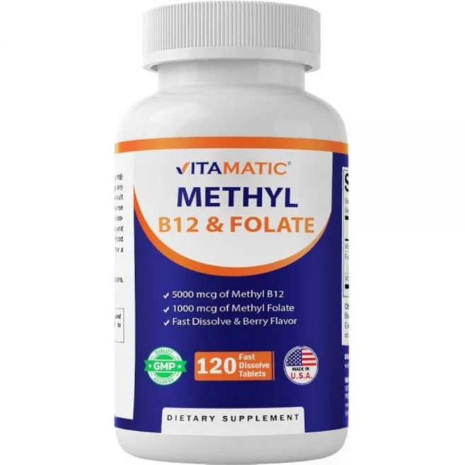 Vitamatic 메틸 엽산 및 B12 보충제 피리독살 5 인산염 (P-5-P) 포함 - 심혈관 건강 및 에너지 신진 대사 촉진 - 빠른 용해 태블릿 120정 - GMO 프리, 1개 - 쿠팡