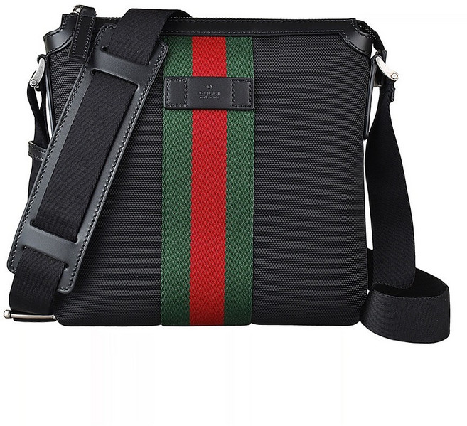 GUCCI 壓印LOGO綠紅綠織帶帆布拉鍊斜背包, 黑