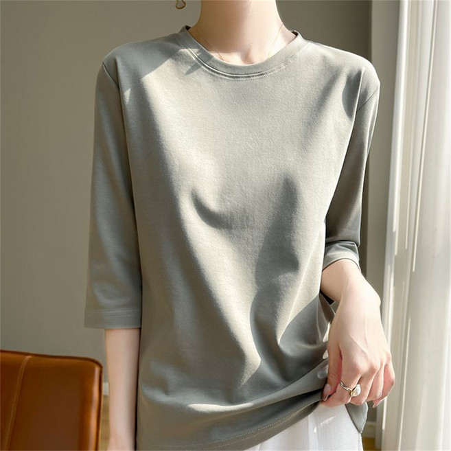 Vezri 여성 봄 여름 가을 간절기 베이직 코튼 라운드넥 7부소매 티셔츠 캐주얼 루즈핏