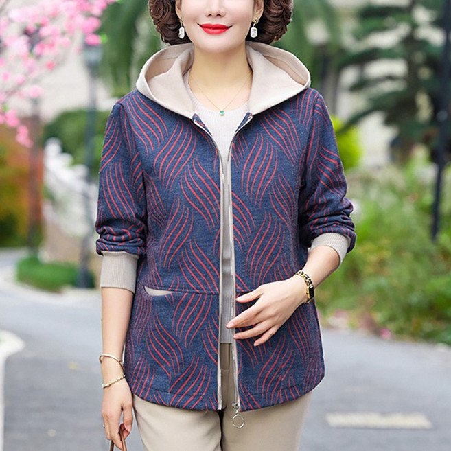 ORZQU 가을 여성 캐주얼 코트 중년 쇼트 상의 루즈핏 후드 점퍼