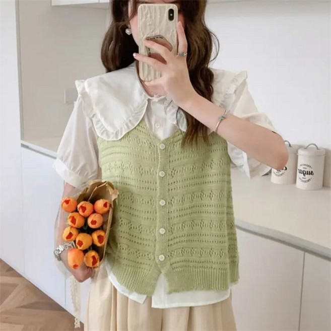 유니픽여성 봄여름 크로셰 민소매 V넥 Cardigan 시원한 통기성 캐주얼룩cjg