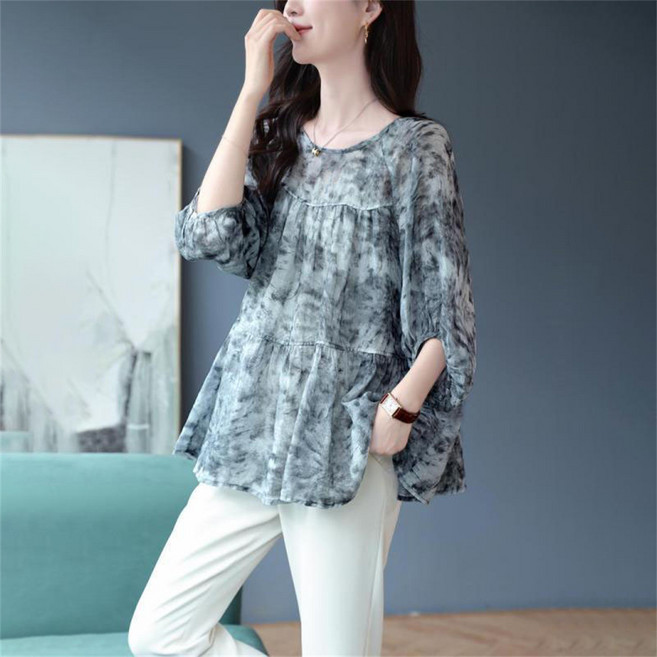 TKX 여성 봄 여름 루즈핏 프린트 셔츠 블라우스 넉넉한 핏 라운드넥 7부소매