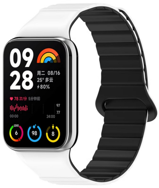 SKENOS 샤오미 스마트밴드9 8프로 / 레드미워치 6 5 호환 자석 스트랩 스포츠 엠보싱 실리콘 교체 밴드, 화이트(블랙), 1개