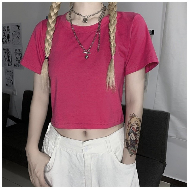 Ladyshare 韓版設計感素色短版上衣 短袖T恤 女裝顯瘦寬鬆【G006】