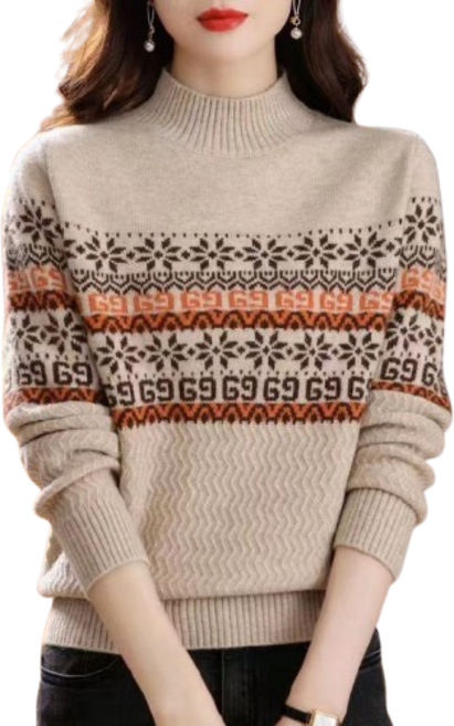 티티웍스 여성 가을겨울 눈꽃송이 패턴 반폴라 노르딕 풀오버 니트