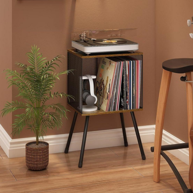 빈티지 레코드 수납 선반 LP 보관함 수납장 다용도 레코드 테이블 보관 랙 조절 가능 칸막이 거실 음악당 턴테이블 장식장, 고동