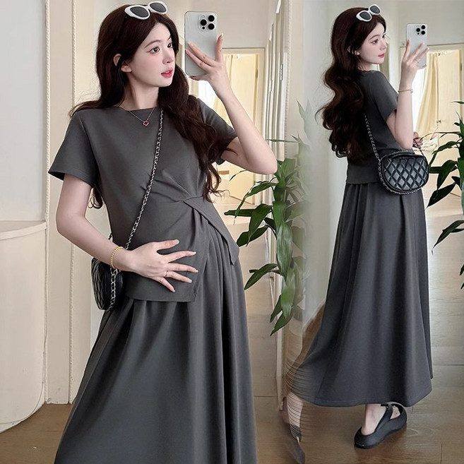 임산부 여름 롱스커트 세트 임부 루즈 라운드넥 반팔 티셔츠 + 롱 치마 캐주얼 임부복 상하의 세트 LCL