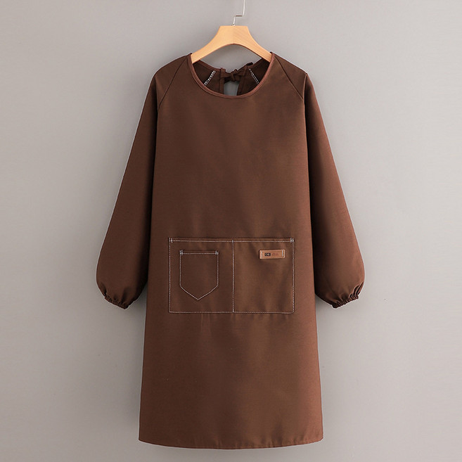 DFMEI 帆布圍裙長袖廚房家用洋氣女罩衣防污耐磨成人上班工作服, 1個, 長袖罩衣帆布【分割口袋】咖色:如圖