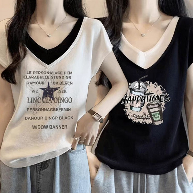 2장세트 레이어드 반팔티셔츠 데일리 날씬해보이는 브이넥 반팔티 빅사이즈 M-3XL 반팔 영문티 프린팅 여름티