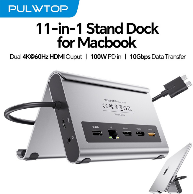 PULWTOP 도킹 스테이션 듀얼 모니터 맥북 프로/에어 M3/M4/M5용 2개의 HDMI PD 이더넷 USB A/C 10Gbps 오디오 SD/TF 포함, [01] 옵션1