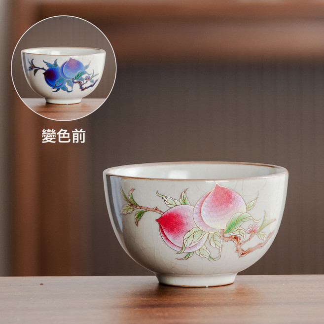 汝窯變色茶杯主人杯含禮盒杯子套裝伴手禮小禮品窯變五行杯茶盞, 福壽蟠桃(汝窯圓口杯), 一個, 1個
