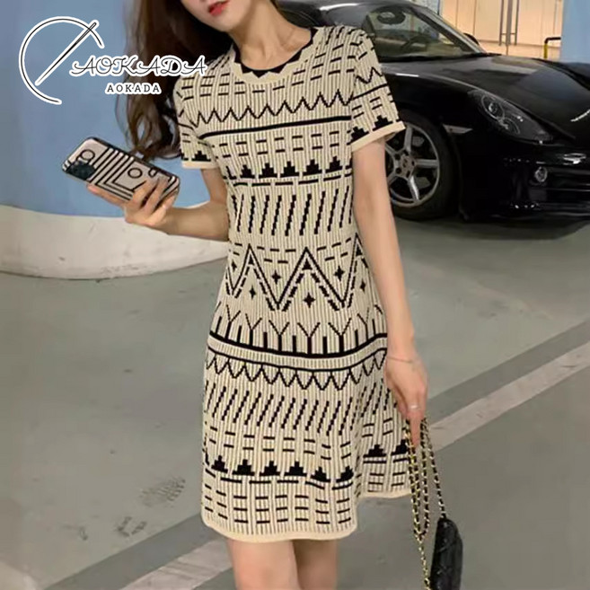 AOKADA 여름원피스 패션 빈티지 미니 A라인스커트 라운드 니트원피스