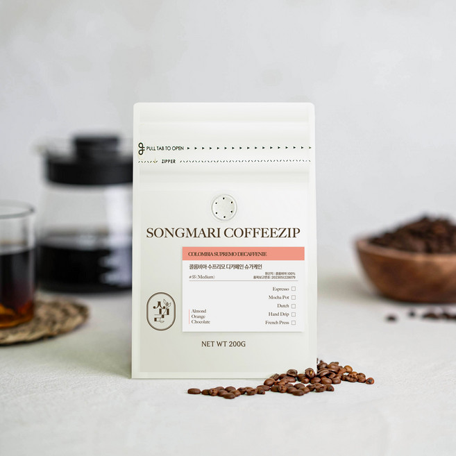 송마리커피집 디카페인 콜롬비아 슈가케인 원두커피, 1개, 200g, 홀빈(분쇄안함)