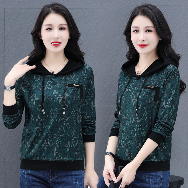 후드 긴팔 맨투맨 춘추 빅사이즈 여성 오버핏 살가운 상의 중장년엄마 서양식 블라우스