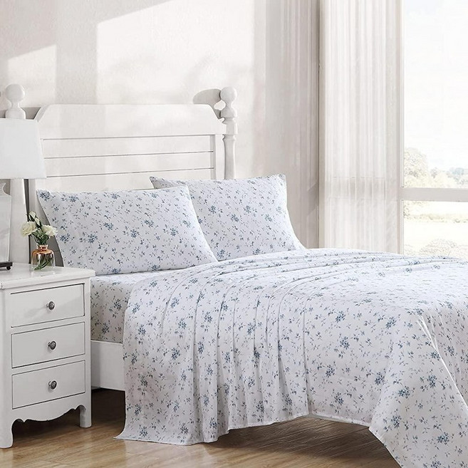 Laura Ashley Home 새틴 컬렉션 침대 시트 세트 실크처럼, Garden Muse Blue