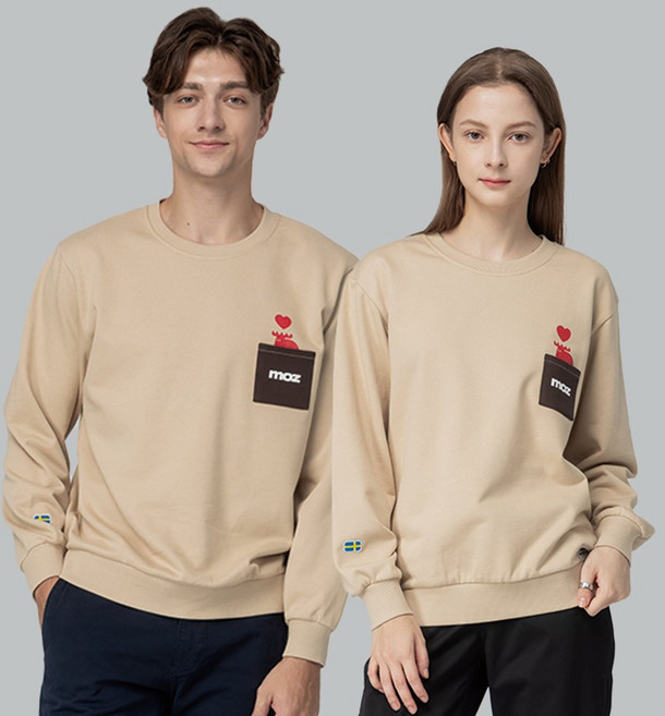 moz 瑞典 立體口袋駝鹿 精梳純棉 大學T 奶油米 男女共款