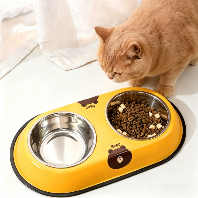 강아지 고양이 겸용 스테인리스 밥그릇 2구 분리형 애완동물 식기, 옐로